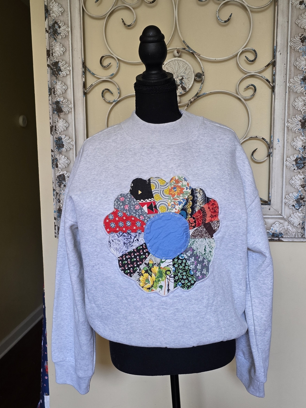 Upcycled Quilt Block Applique Mockneck Sweatshirt Size Medium